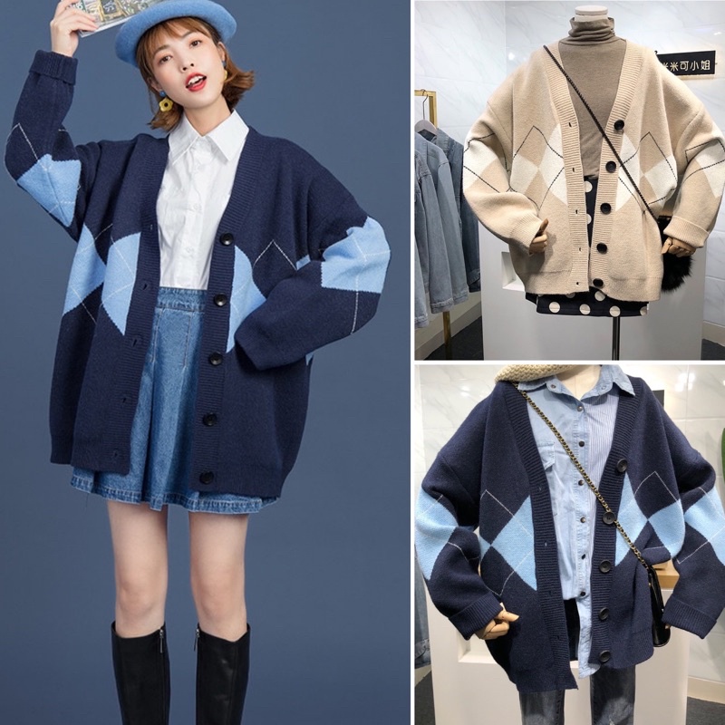 Áo Cardigan len mỏng Tay Dài Cổ Chữ V Họa Tiết thổ cẩm, cảdigan kim cương oversize hai màu đen be - shopbelinh