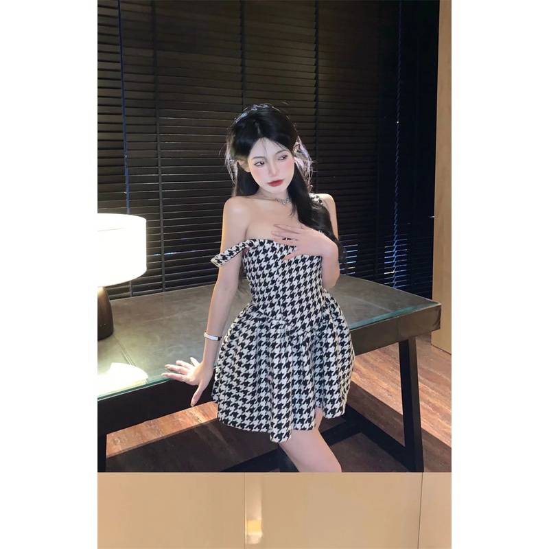 Summer 2022 new pure sexy spice girl sexy thousand grid bird suspender dress feminine waist puffy skirt