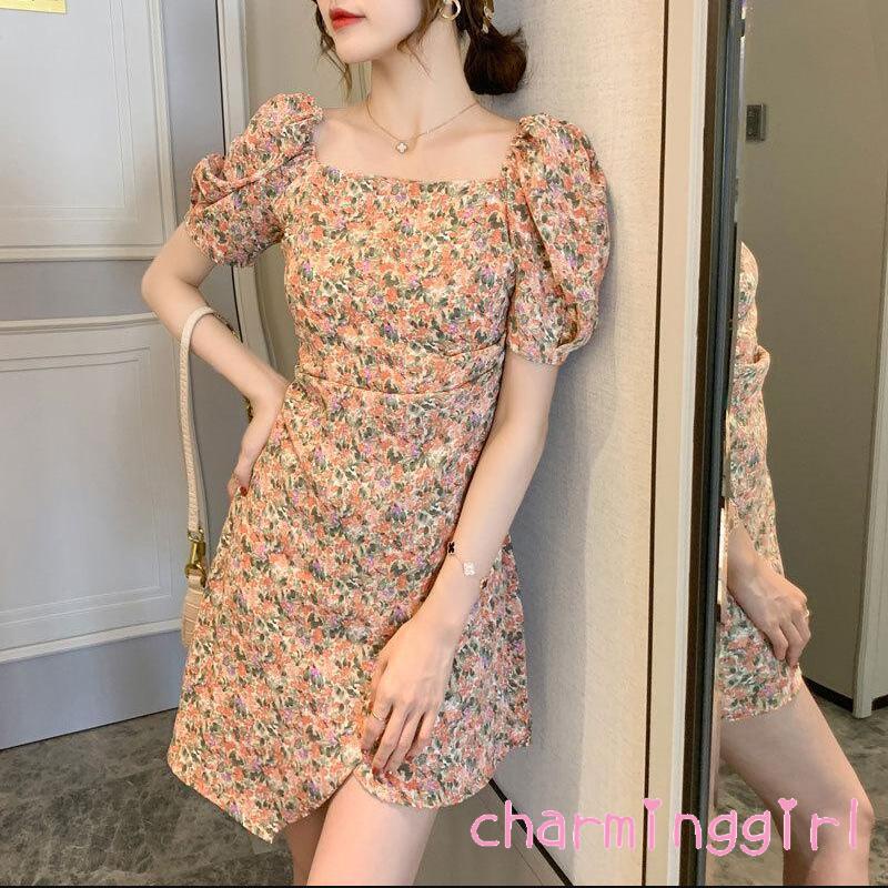 Đầm Liền Thân Tay Phồng Cổ Vuông In Họa Tiết Hoa Dành Cho Nữ