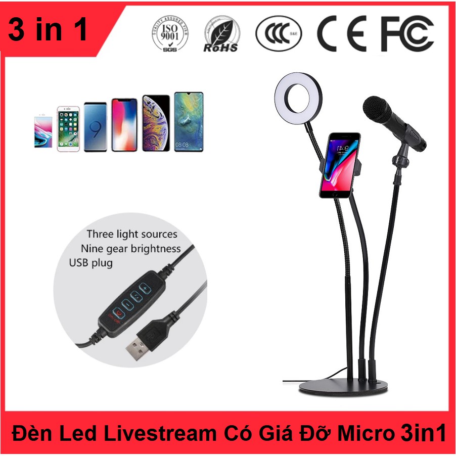 Bộ Đèn Led Livestream 3in1, 4in1, Có Giá Đỡ Micro, Kẹp Điện Thoại Livestream, Bán Hàng Online, Bảo Hành 3 Tháng