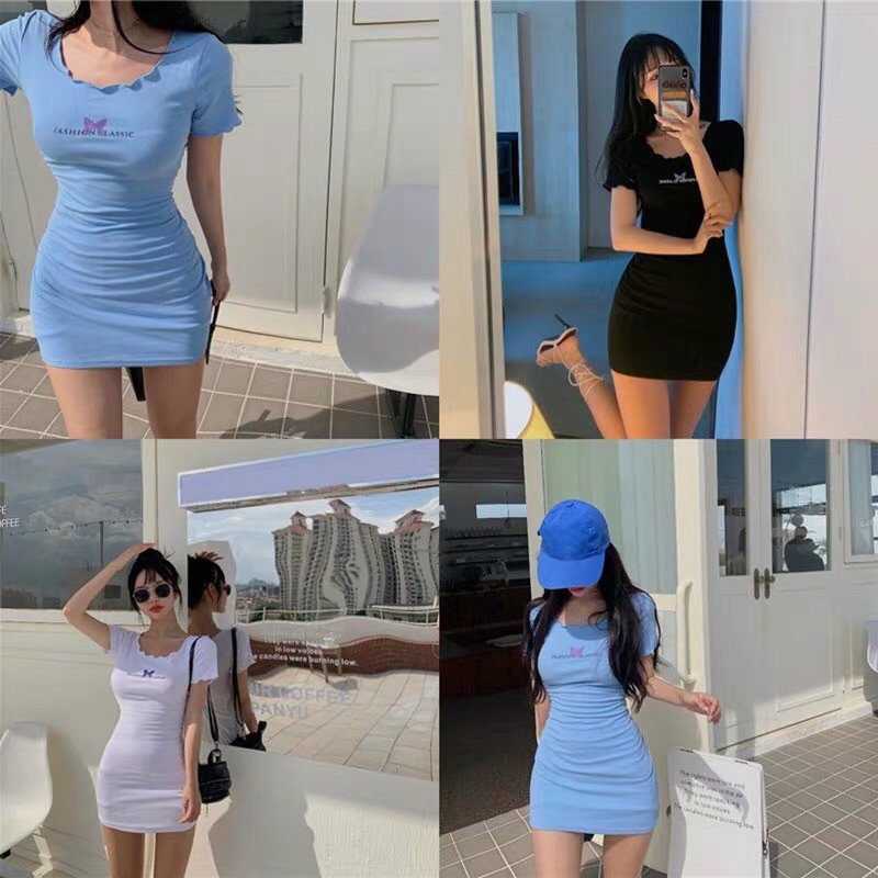 [Order] Đầm body cổ bèo dáng ngắn mẫu hè 2020. Váy thun body dáng thể thao cộc tay hình thật cuối