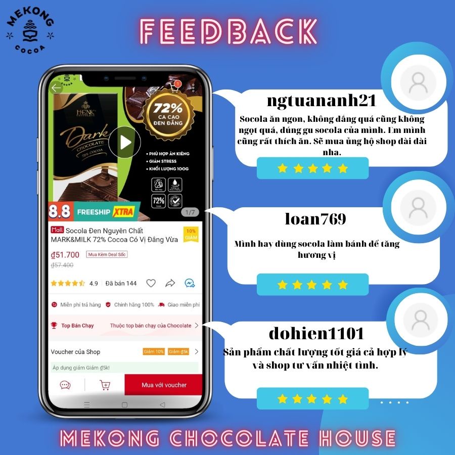 Socola Đen Nguyên Chất MARK&amp;MILK 72% Cocoa Có Vị Đắng Vừa Thanh 100g SCLD07