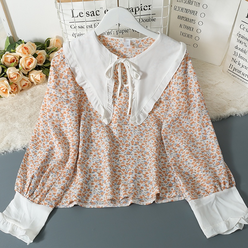 IELGY Áo Kiểu Tay Dài Cổ Chữ V Phối Ren Màu Sắc Tương Phản Phong Cách retro Dành Cho Nữ