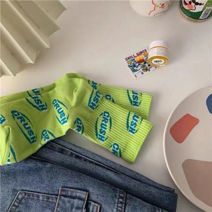 Vớ Thể Thao Cổ Cao Màu Dạ Quang In Chữ Phong Cách Nhật Hàn Thời Trang Xuân Hè