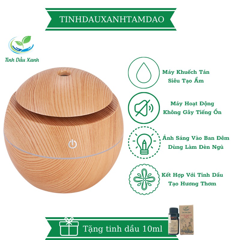 Máy phun tinh dầu mini phun sương tạo ẩm giá rẻ,Bình khuếch tán tinh dầu vân gỗ tròn 130ml,Tặng tinh dầu xanh 10ml