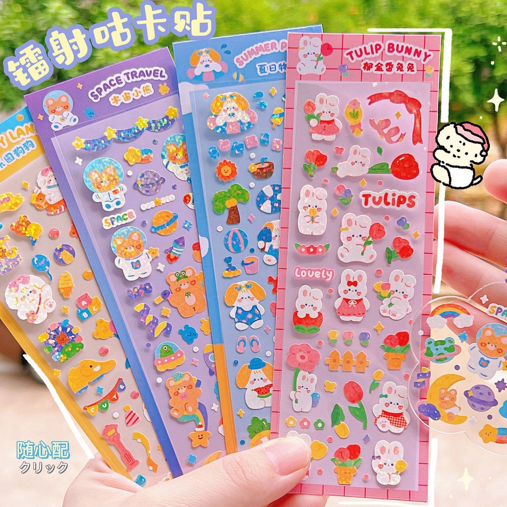 Zanmo tờ nhãn dán sticker cún gấu thỏ kim tuyến lấp lánh trang trí toploader