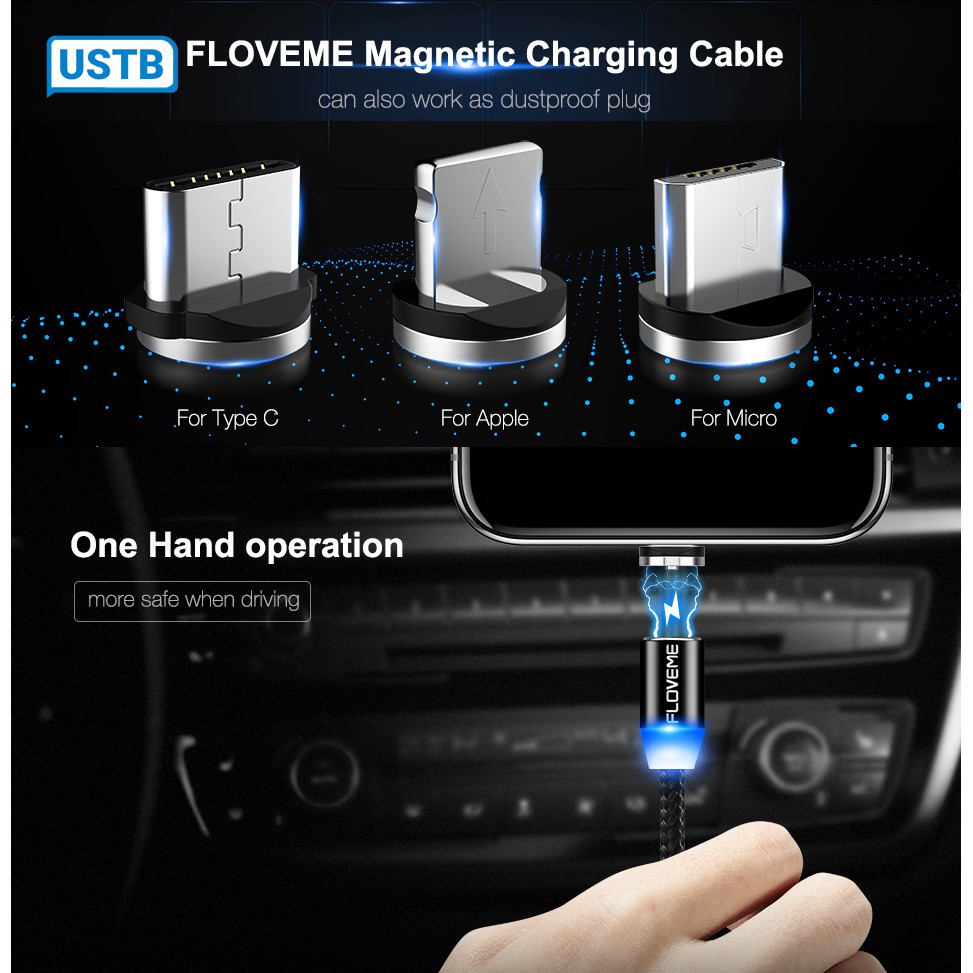 Floveme Cáp sạc nhanh từ tính kết nối cổng Micro USB/ Type C/ Lightning cho iOS iPhone Android