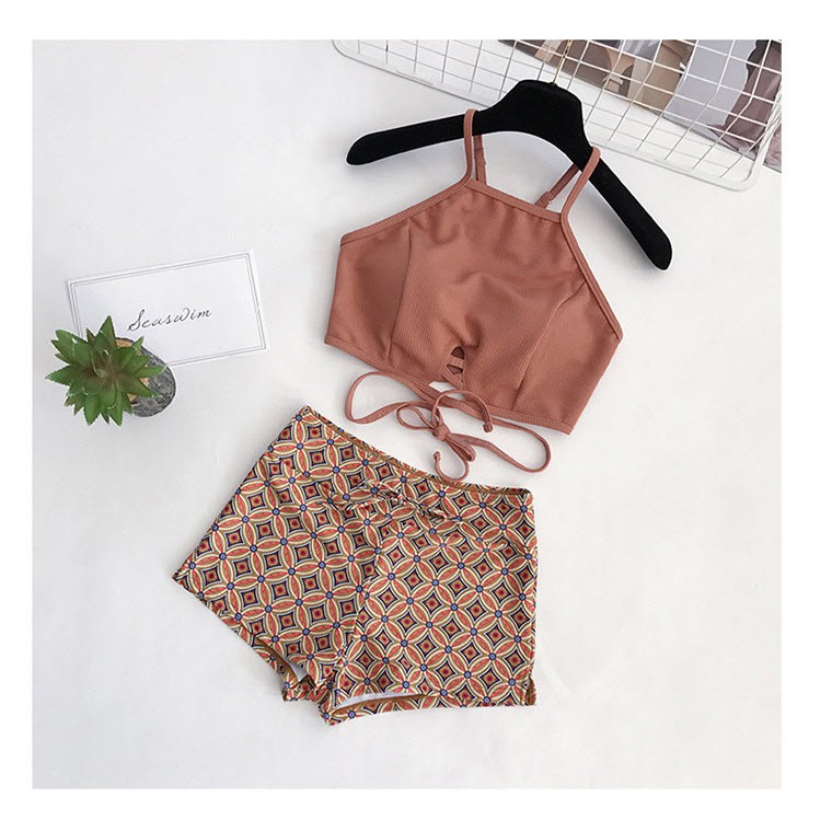 (Hàng nhập) Set Bikini 3 món| áo + quần + váy choàng #76133 Màu Nâu Đất