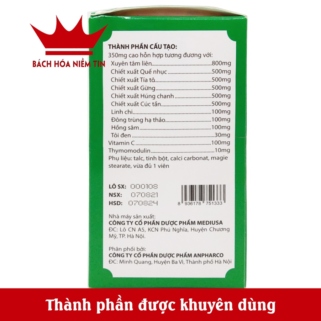 Viên uống XUYÊN TÂM LIÊN - Giải cảm, giảm ho, sốt, sổ mũi, tăng cường miễn dịch hiệu quả- Hộp 30 viên