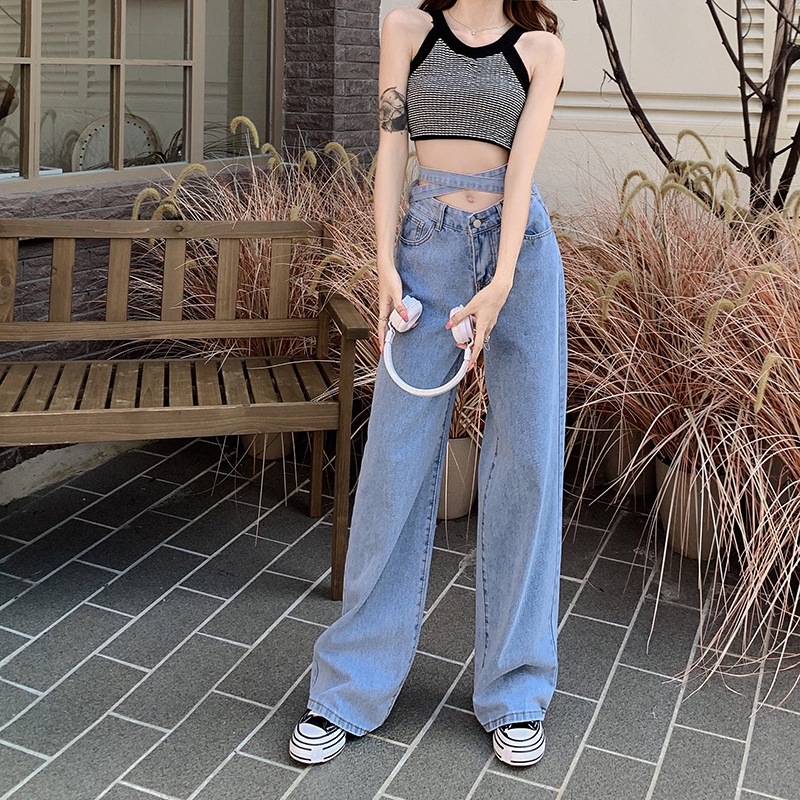 【ZHELIHANGFEI】Quần Jean Ống Rộng Lưng Cao Cá Tính Trẻ Trung