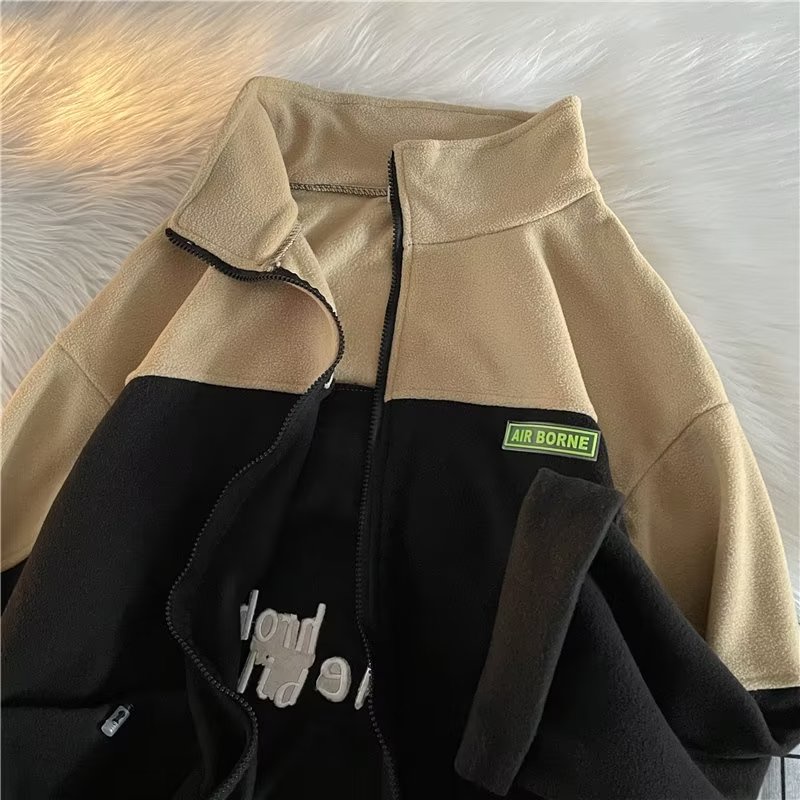 Áo Khoác Hoodie Dáng Rộng Phối Khóa Kéo Kiểu Retro Đường Phố Mỹ Cá Tính