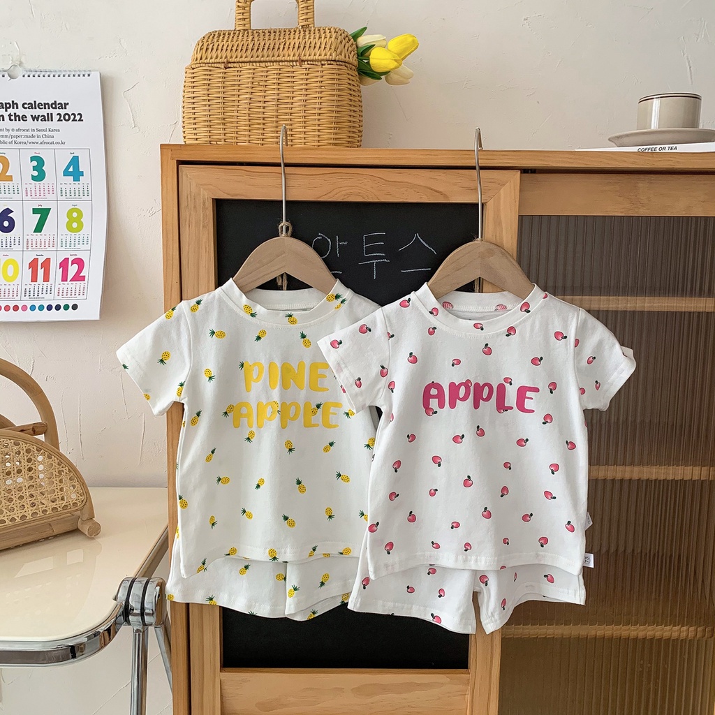 Bộ Áo Thun Cộc Tay In Hình Trái Cây + Quần Short Cotton Cho Bé