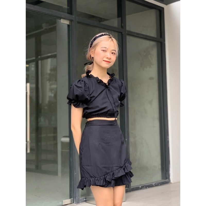 (CLIP THẬT) Set ulzzang áo croptop chân váy nữ tặng kèm dây turban