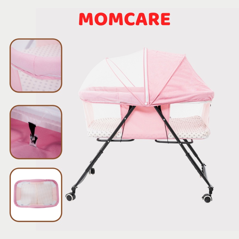 Xe nôi du lịch gấp gọn cũi cho bé sơ sinh khung rộng cho trẻ từ 0 - 2 tuổi có màm chống muỗi, nệm dễ di chuyển MC01