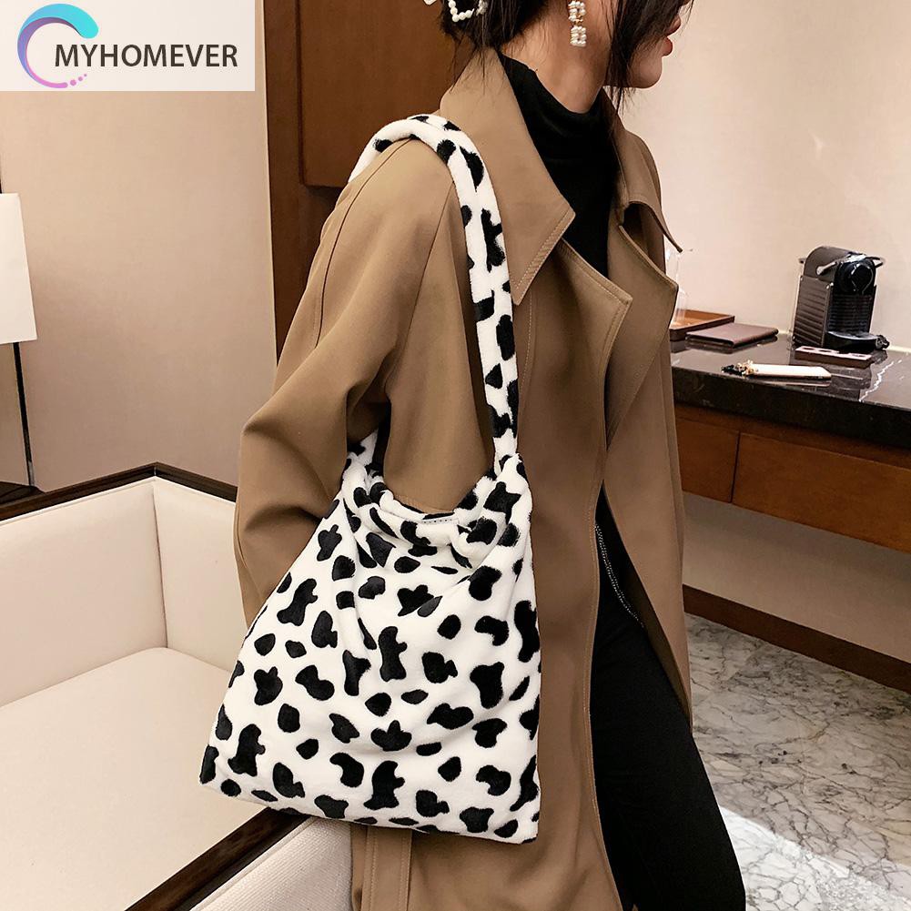 Túi đeo vai vải lông họa tiết da thú sức chứa lớn phong cách vintage dành cho nữ