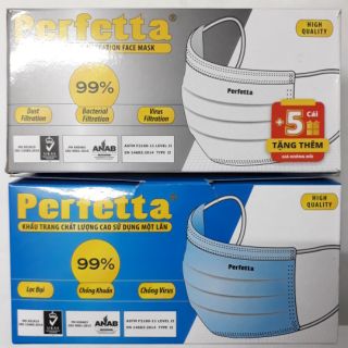 Khẩu Trang Y Tế 3 Lớp Perfetta Màu Xanh Dương/ Trắng Hộp Lớn Lọc Bụi, Khuẩn
