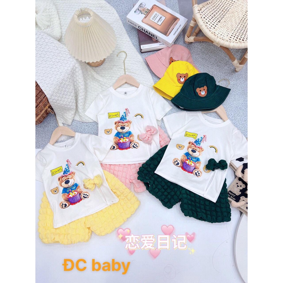 Set bộ con gấu áo phông- quần xốp kèm mũ cho bé gái