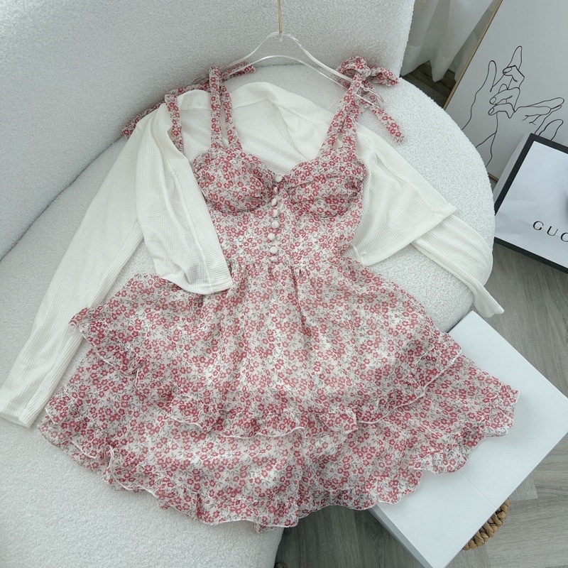 SET ĐẦM HOA 2 DÂY TẦNG KÈM KHOÁC CROP TRẮNG  🌼 | BigBuy360 - bigbuy360.vn