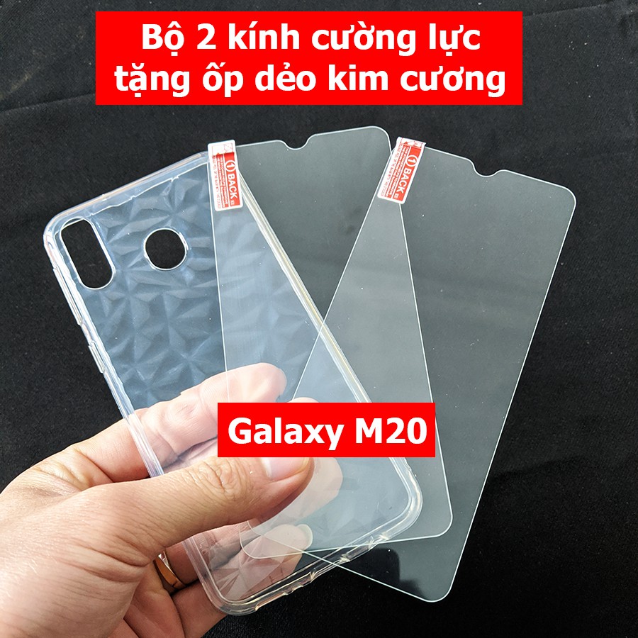 Bộ 2 kính cường lực Galaxy M20 tặng ốp kim cương