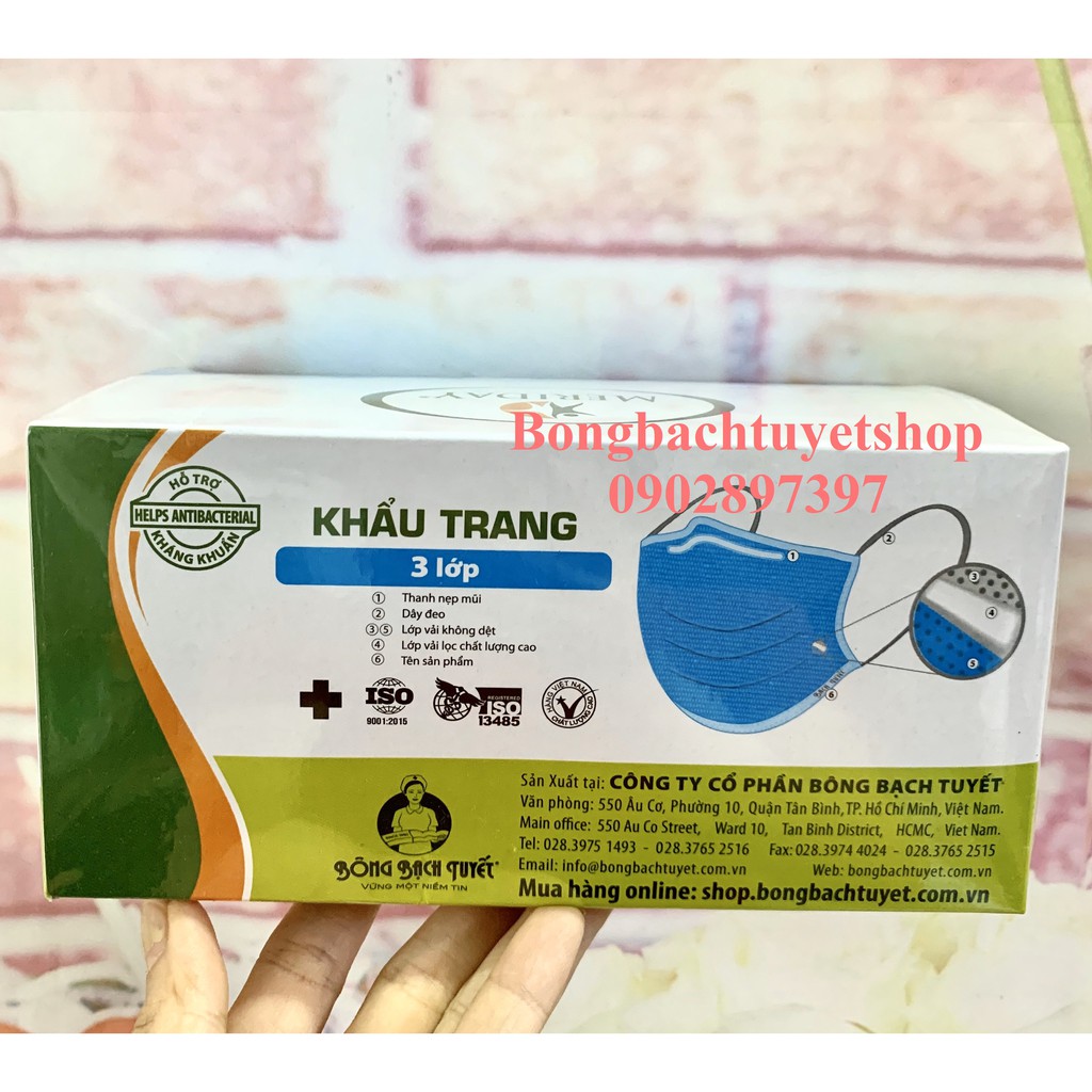 Khẩu trang y tế Meriday Xanh 3 lớp (50 cái/hộp) hỗ trợ kháng khuẩn - Chính hãng Bông Bạch Tuyết