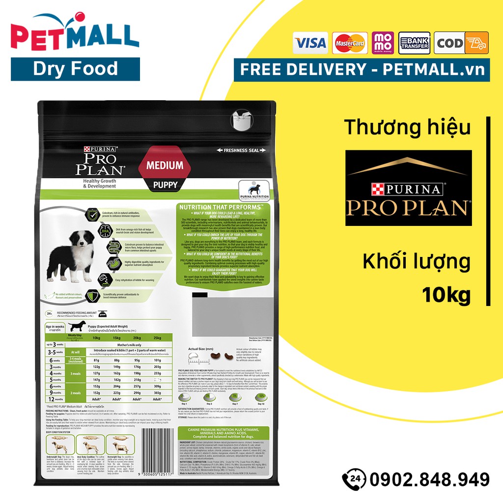 Thức ăn chó Purina PRO PLAN Medium Puppy Chicken 10kg - chó con giống vừa vị gà, chứa sữa non hỗ trợ tiêu hoá Petmall