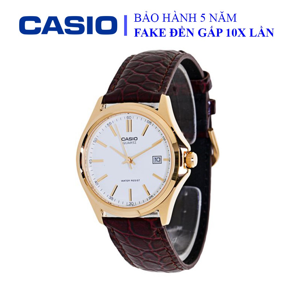 Đồng hồ Casio nam dây da thể thao, mặt trắng viền vàng sang trọng, chống nước WR30M đi bơi (MTP-1183Q-7ADF)