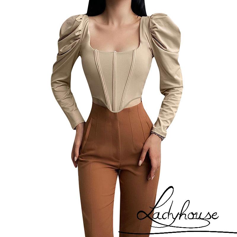 Áo Tay Dài Phồng Màu Trơn Dáng Ôm Thời Trang Cho Nữ