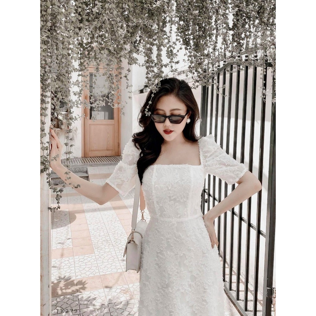 Đầm dự tiệc trắng vintage cổ vuông tay phồng Hàng Thiết Kế | BigBuy360 - bigbuy360.vn