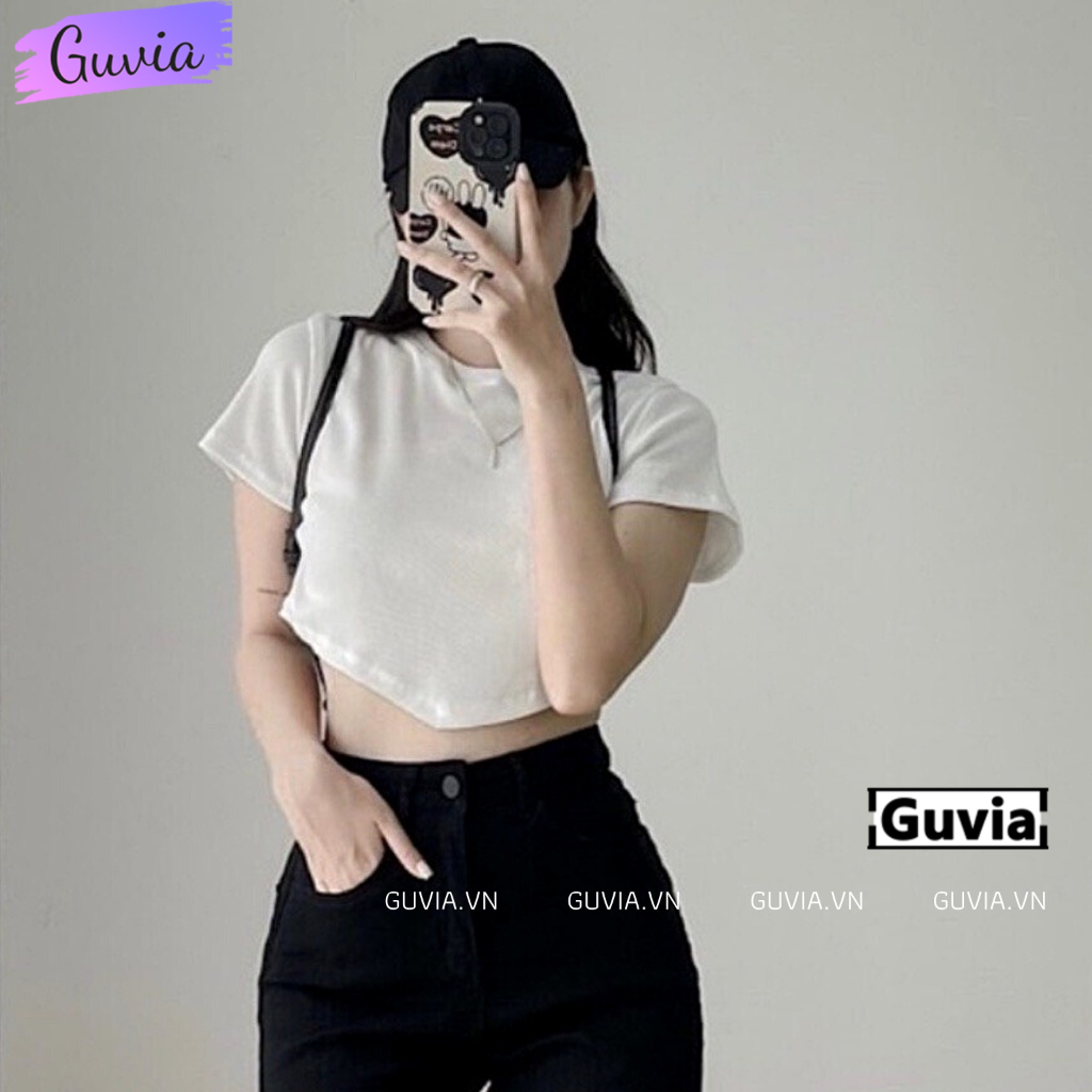 Áo Croptop TAY NGẮN VẠT NHỌN Nữ, Áo Thun Trơn Cổ Tròn Tay Ngắn Đẹp GUVIA  Mẫu Mới Về GUVIA CR41