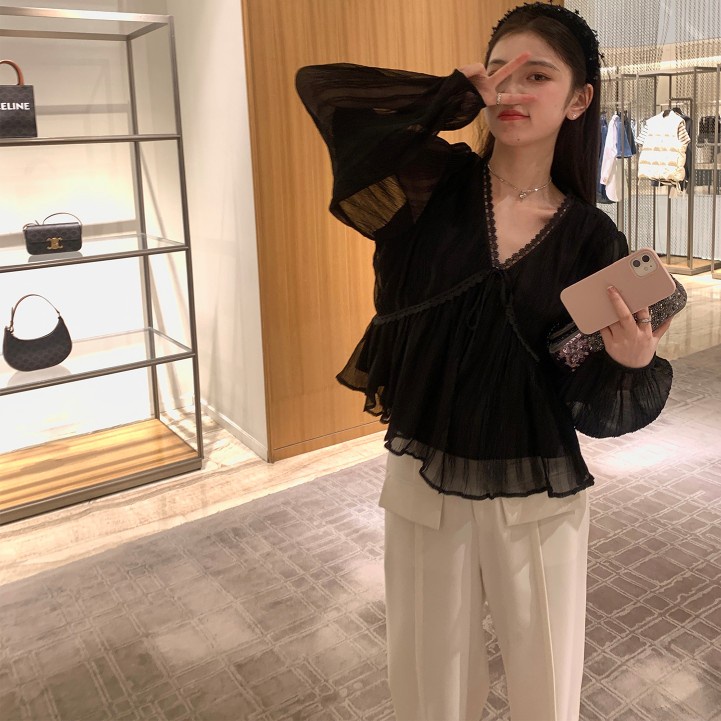 Áo Nữ Tay Dài Cổ Chữ V Thời Trang Hàn Quốc