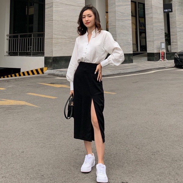 ZIEL Chân váy xẻ cao cấp dáng midi đen | Slit Skirt