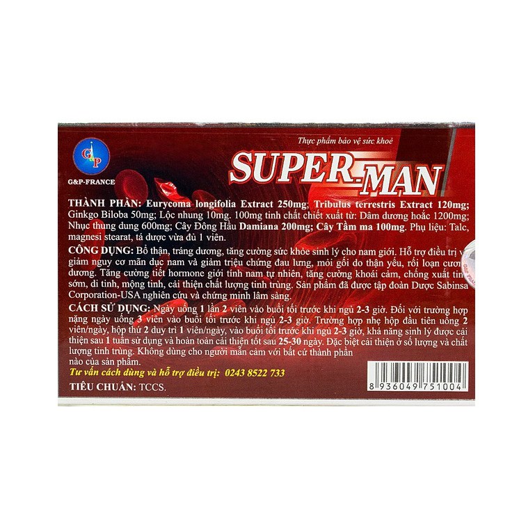 Tăng cường sinh lý nam hiệu quả Super Man 1h Chính hãng -Giúp bổ thận , tráng dương ,sinh lý yếu- có che tên - hộp 10V