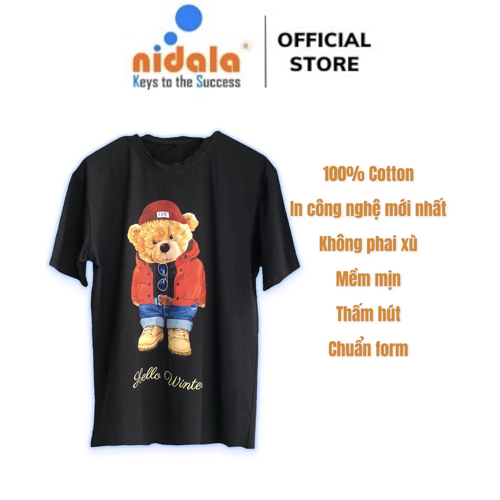 Áo thun cổ tròn 100% cotton cao cấp nam nữ Nidala in gấu trẻ trung thấm hút cực tốt, mềm mịn không phai màu