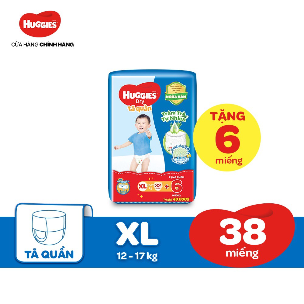 TÃ Quần Huggies Tràm Trà Tự Nhiên Dry M42/L38/XL32/XXL28 + Tặng 6 miếng:M42