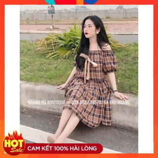Đầm caro trễ vai 93
