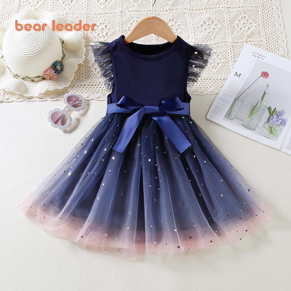 BEAR LEADER Đầm Công Chúa Phối Lưới Đính Nơ Thời Trang Mùa Hè Xinh Xắn Cho Bé Gái