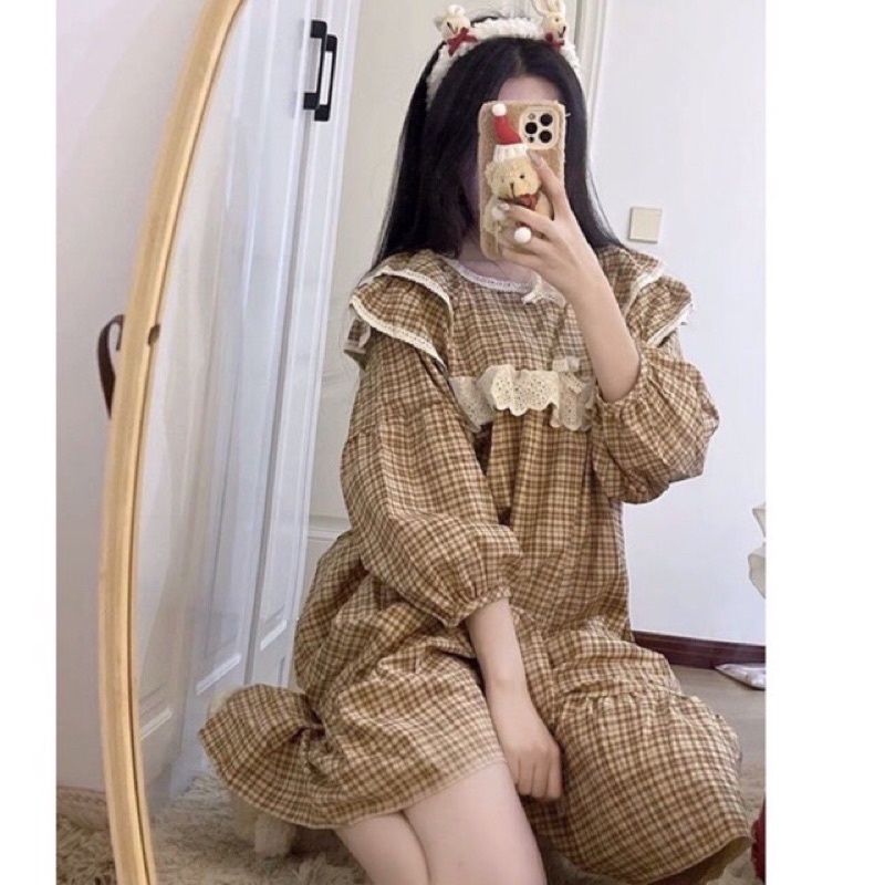 BỘ / VÁY MẶC NHÀ ULZZANG KẺ CARO NÂU BÈO NGỰC rẻ nhất shopee