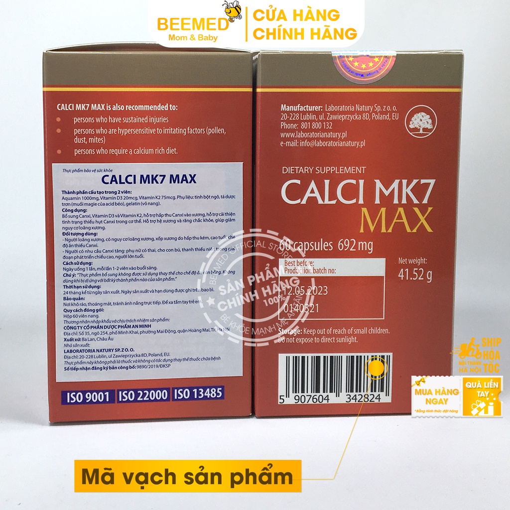 Canxi hữu cơ từ tảo biển đỏ Calci Mk7 Nhập khẩu từ Châu Âu, có thêm D3 và K2 giảm loãng xương cho mẹ bầu Hộp 60v