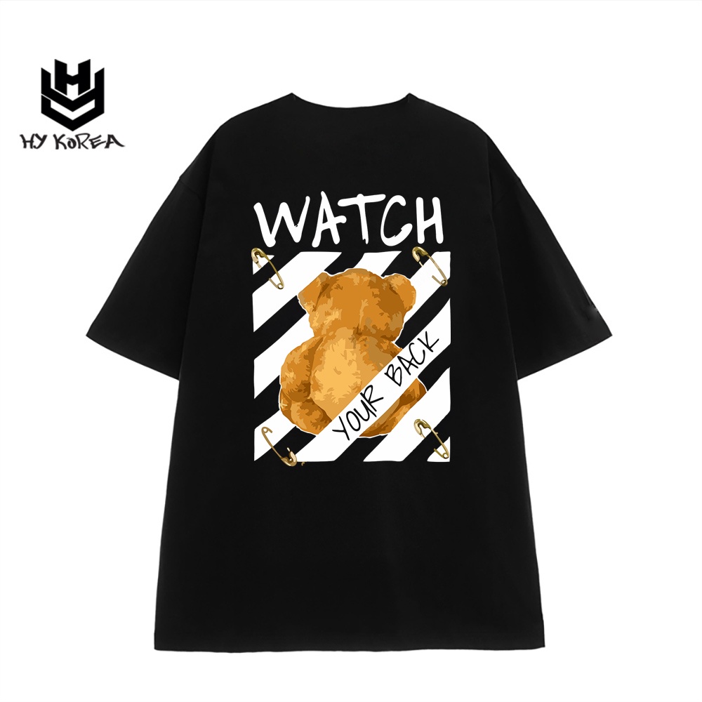 Áo phông tay lỡ HY KOREA nam nữ form rộng in hình Gấu Watch for back 638