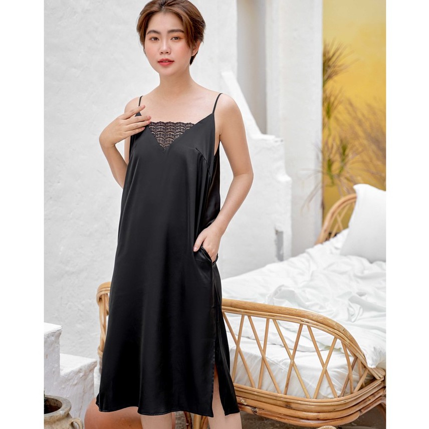 Váy ngủ lụa 2 dây hàng thiết kế cao cấp VIBES Ink Silk Strap Dress