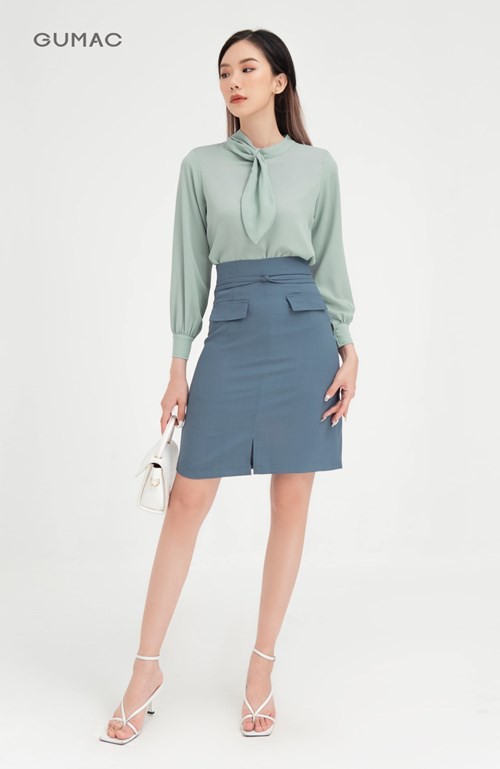 [Mã WABRGU giảm 50k đơn từ 0đ] Áo sơ mi nữ cổ phối nơ GUMAC thiết kế công sở, thanh lịch màu xanh đủ size AB454 | BigBuy360 - bigbuy360.vn