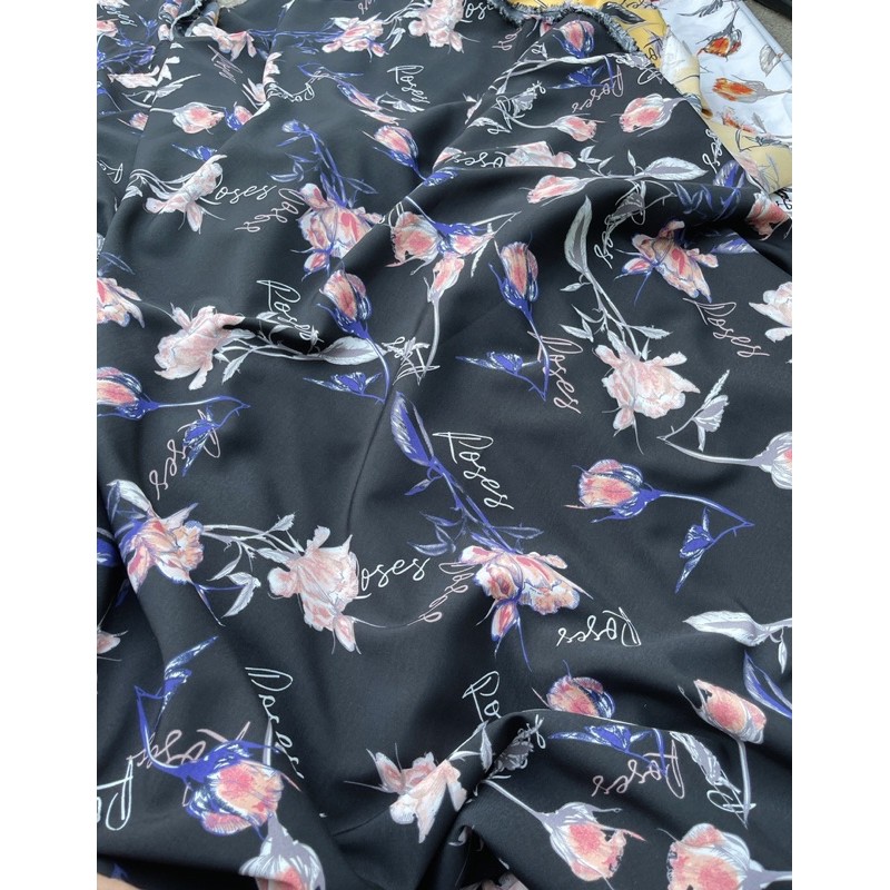 vải lụa hàng châu cành hồng phối chữ may sơ mi,váy,bộ