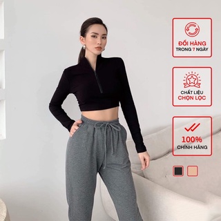 Áo Dài Tay Khoá Zip Croptop Busy Cotton Len Tăm Co Giãn Ôm Sát DT4C