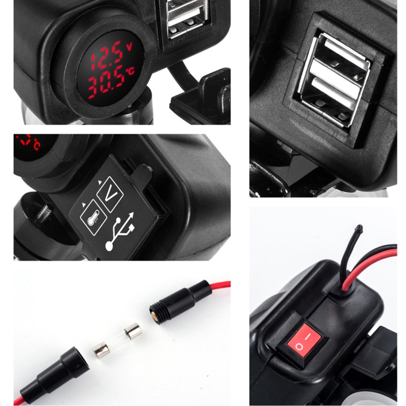 Vôn Kế Nước 3 Trong 1 + Nhiệt Kế + Cổng Sạc USB Điện Thoại Cho Xe Máy