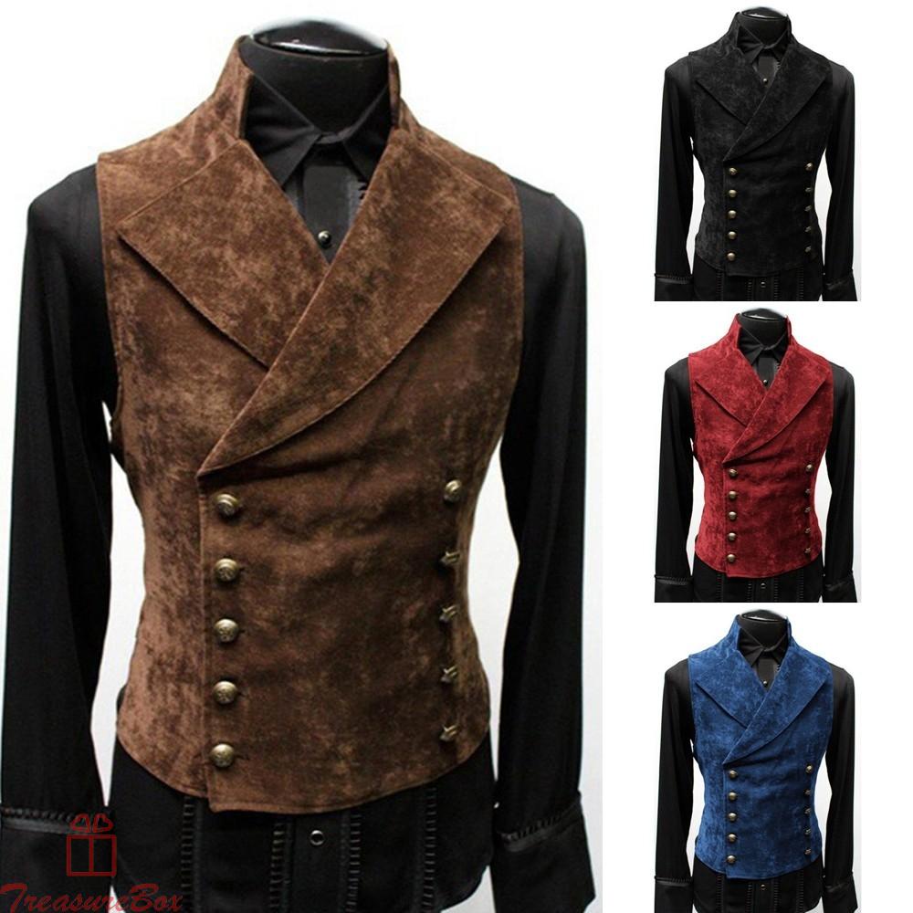 Mens Retro Lapel Button Vest Medieval Handsome Fashion Double Breasted Coat