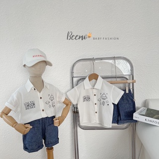 Set bộ đồ sơ mi Beemo cộc tay cổ đức mix quần bò in hình tàu vũ trụ cho bé trai từ 1 đến 6 tuổi - 22050