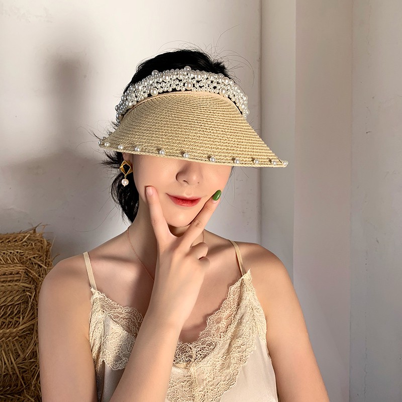 Mũ Cói Che Nắng Vành Hở Chóp Đính Ngọc Trai Phong Cách Hàn Quốc Cho Nữ