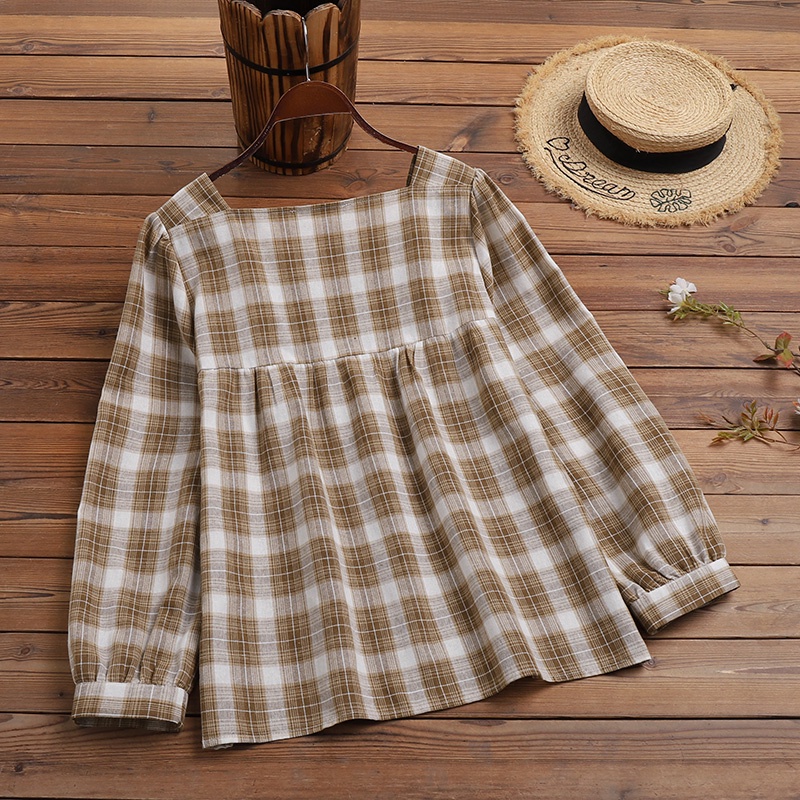 Áo kiểu nữ Zanzea cổ vuông tay dài họa tiết kẻ ô thanh lịch thời trang