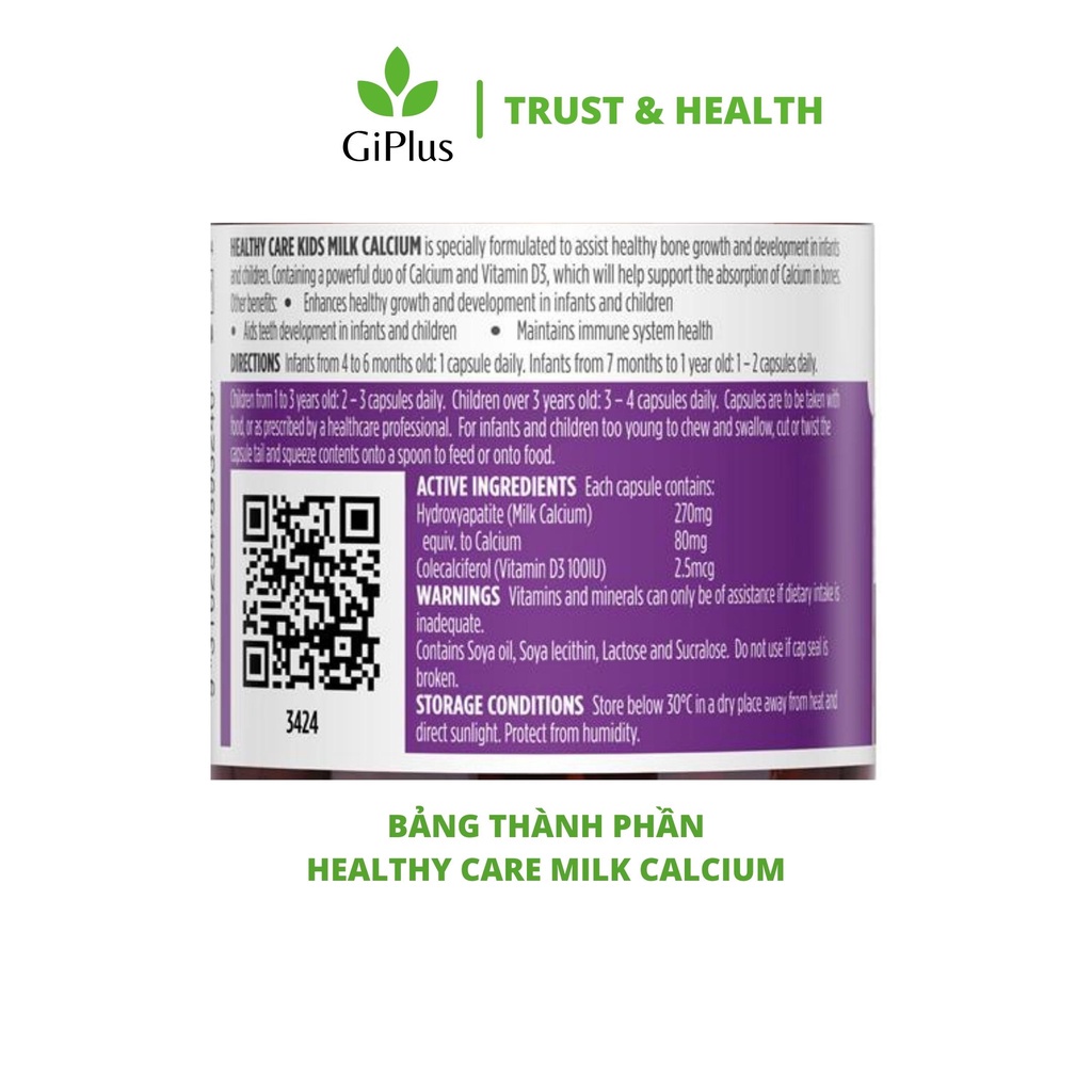 Viên Uống Bổ Sung Canxi Và Vitamin D3 Cho Bé Healthy Care Kids Milk Calcium (60 viên/Lọ)