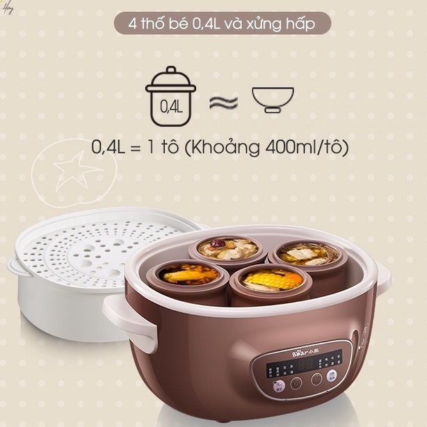 Nồi nấu cháo chậm Bear cho bé 0.8l - 1.6l 2 tầng, nồi hầm cháo cách thủy chưng yến nấu bột ăn dặm - Bản quốc tế - HAPOS